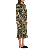 J. Mclaughlin Belle Poly Crepe Palace Pictorial Print Point Collar Long Sleeve Button Front Midi Shirt Dress