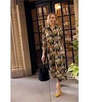 J. Mclaughlin Belle Poly Crepe Palace Pictorial Print Point Collar Long Sleeve Button Front Midi Shirt Dress