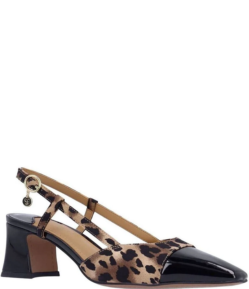 J. Renee Cyrene Leopard Print Patent Cap Toe Block Heel Slingback Pumps