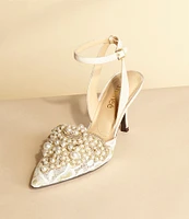 J. Renee Desdemona Floral Mesh and Pearl Applique Ankle Strap Pumps