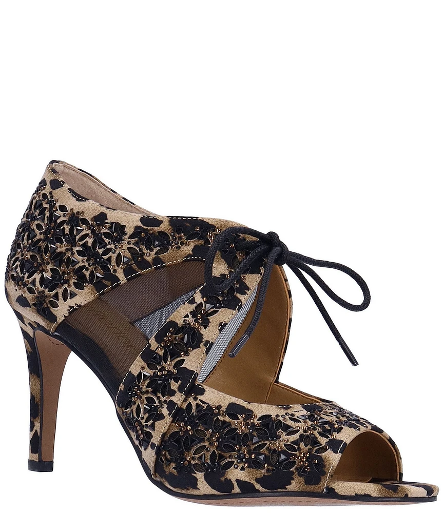 J. Renee Kiandra Leopard Rhinestone Mesh Peep Toe Tie Shooties