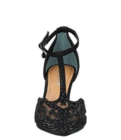 J. Renee Lisha Satin And Mesh Rhinestone T-Strap Pumps