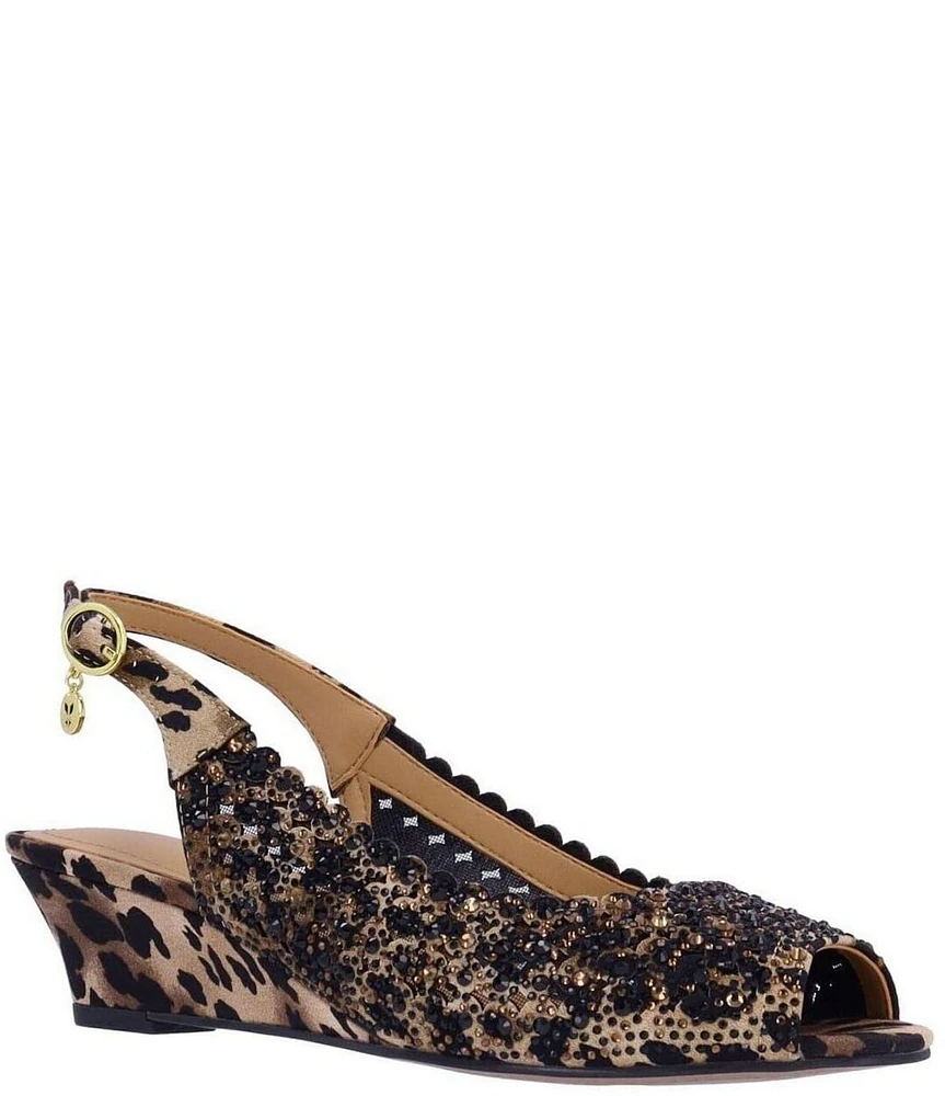 J. Renee Malorie Animal Print Rhinestone Peep Toe Slingback Wedges