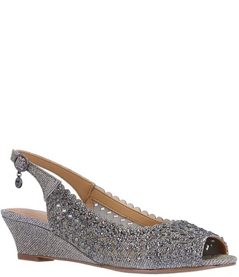 J. Renee Malorie Glitter Fabric Rhinestone Peep Toe Slingback Wedges