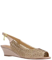 J. Renee Malorie Satin Rhinestone Peep Toe Slingback Wedge Pumps