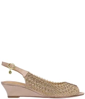 J. Renee Malorie Satin Rhinestone Peep Toe Slingback Wedge Pumps