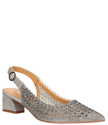 J. Renee Pranil Glitter Fabric Rhinestone Block Heel Sling Pumps