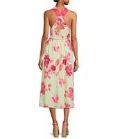 J.Marie Alara Floral Print Halter Sleeveless Scallop Trim Midi Dress