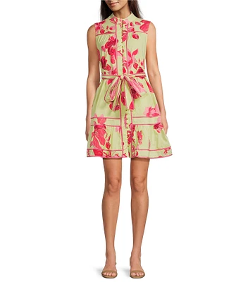 J.Marie Alara Floral Print Mock Neck Sleeveless Button Front Belted A-Line Dress