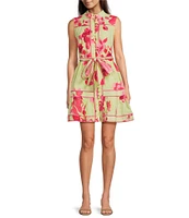 J.Marie Alara Floral Print Mock Neck Sleeveless Button Front Belted A-Line Dress