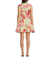 J.Marie Alara Floral Print Mock Neck Sleeveless Button Front Belted A-Line Dress