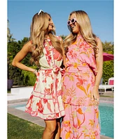 J.Marie Alara Floral Print Mock Neck Sleeveless Button Front Belted A-Line Dress