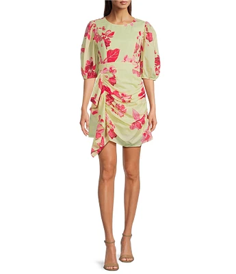 J.Marie Alara Floral Print Scoop Neck 3/4 Puff Sleeve Ruched Faux Wrap Dress