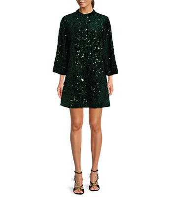 J.Marie Alli Sequin Banded Button-Up Collar Long Sleeve Shift Mini Dress