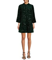 J.Marie Alli Sequin Banded Button-Up Collar Long Sleeve Shift Mini Dress