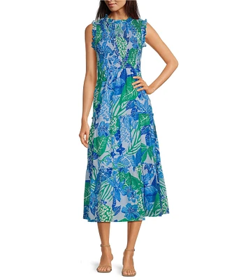 J.Marie Andie Round Neck Cap Ruffle Sleeve Smocked Ruched Tiered Midi Dress