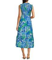 J.Marie Andie Round Neck Cap Ruffle Sleeve Smocked Ruched Tiered Midi Dress