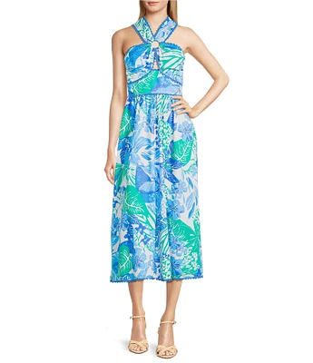 J.Marie Andie Tropical Leaf Print V-Neck Sleeveless Ric Rac Trim Midi A-Line Dress