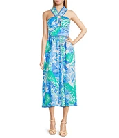 J.Marie Andie Tropical Leaf Print V-Neck Sleeveless Ric Rac Trim Midi A-Line Dress