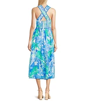 J.Marie Andie Tropical Leaf Print V-Neck Sleeveless Ric Rac Trim Midi A-Line Dress