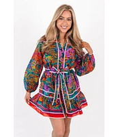 J.Marie Asher Embroidered Trim Mandarin Collar Button Front Long Sleeve Tie Waist Tiered Mini Dress