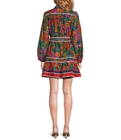 J.Marie Asher Embroidered Trim Mandarin Collar Button Front Long Sleeve Tie Waist Tiered Mini Dress