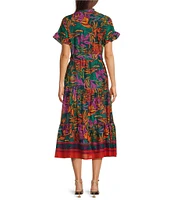 J.Marie Asher Floral Printed High Ruffle Neck Button Front Short Sleeve Tie Waist Pocket Tiered A-Line Midi Dress