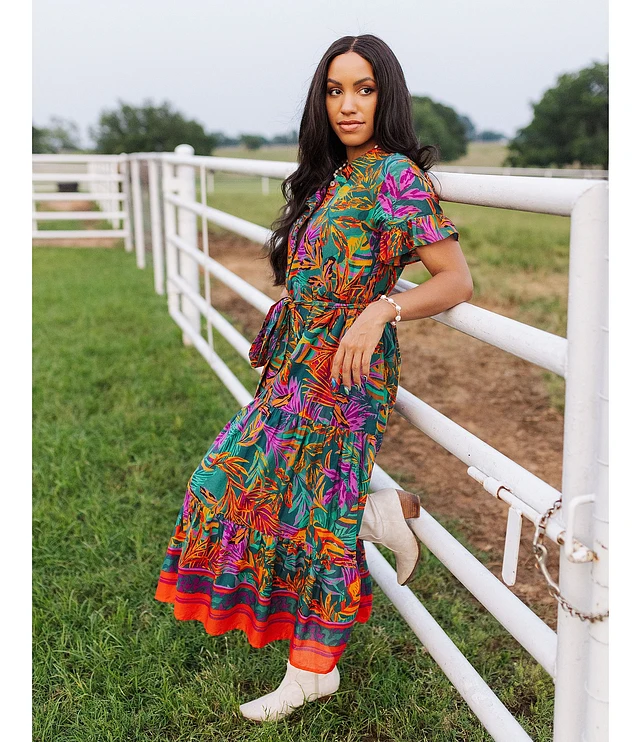 J.Marie Asher Floral Printed High Ruffle Neck Button Front Short Sleeve Tie  Waist Pocket Tiered A-Line Midi Dress | Liberty Center