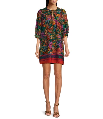 J.Marie Asher Woven Floral Printed Tie Split V-Neck 3/4 Puff Sleeve Above the Knee Dress