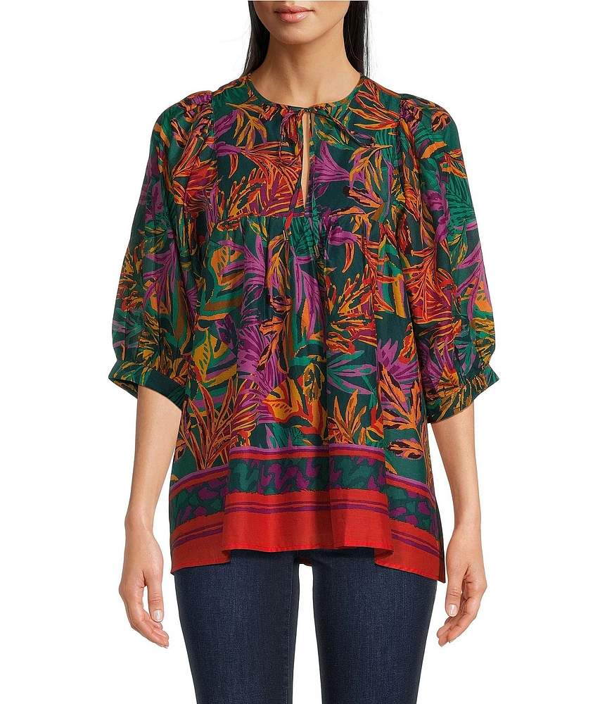 J.Marie Asher Woven Floral Printed Tie Split V-Neck 3/4#double; Puff Sleeve Tunic