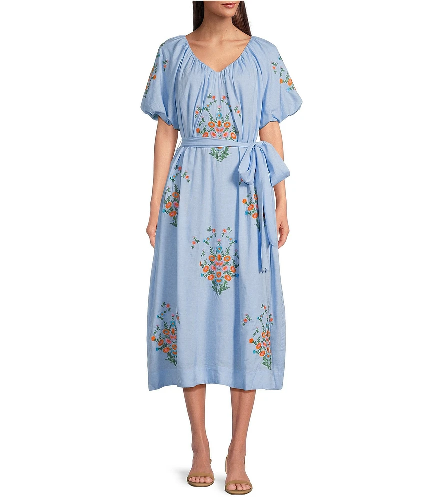J.Marie Astrid V-Neck Puff Sleeve Embroidered Tie Midi A-Line Dress