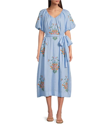 J.Marie Astrid V-Neck Puff Sleeve Embroidered Tie Midi A-Line Dress