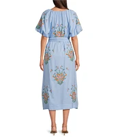 J.Marie Astrid V-Neck Puff Sleeve Embroidered Tie Midi A-Line Dress