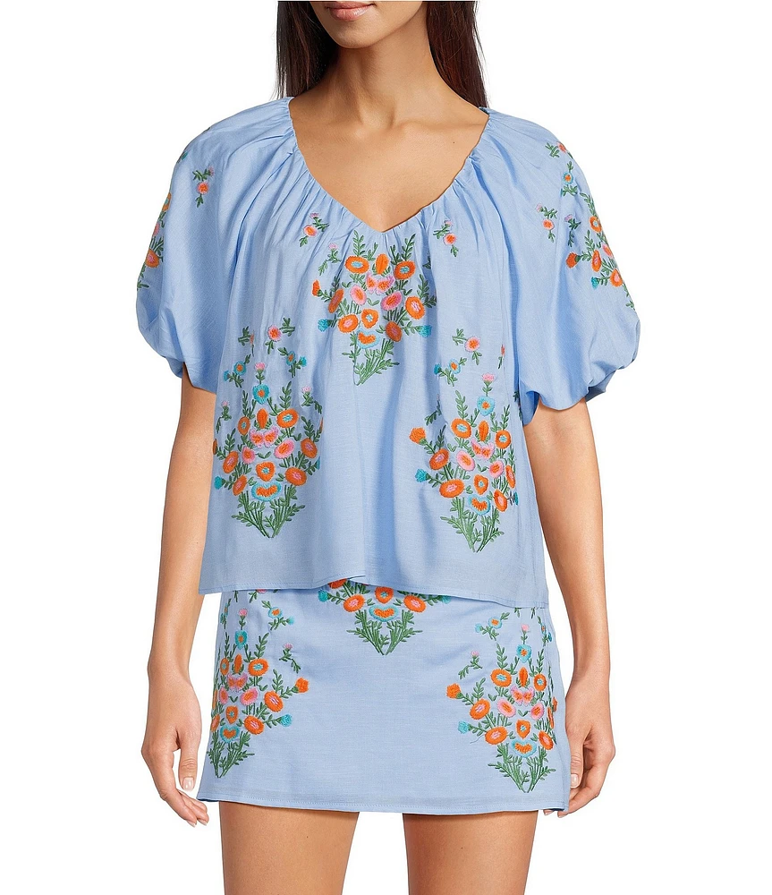 J.Marie Coordinating Astrid V-Neck Puff Sleeve Embroidered Top