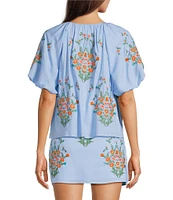 J.Marie Coordinating Astrid V-Neck Puff Sleeve Embroidered Top