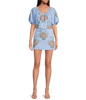 J.Marie Coordinating Astrid V-Neck Puff Sleeve Embroidered Top