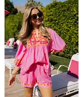 J.Marie Carlie V-Neck 3/4 Puff Sleeve Top