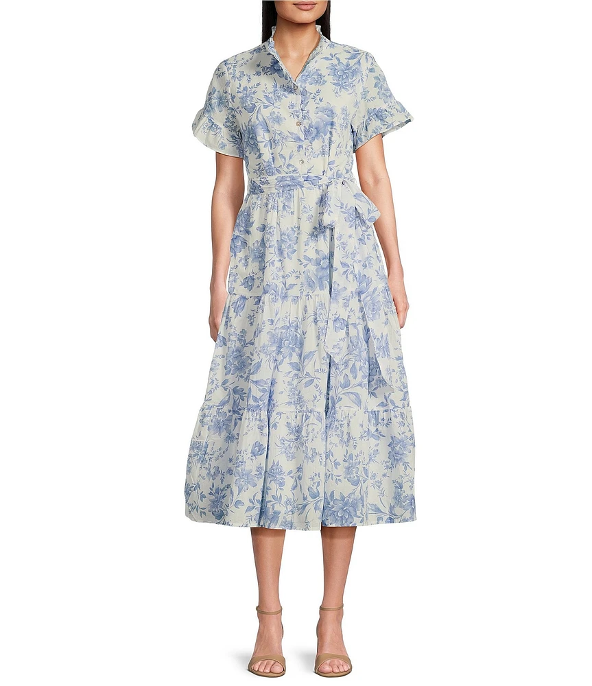 J.Marie Chloe Button Up Ruffle Sleeve Belted Tiered Midi A-Line Dress