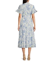 J.Marie Chloe Button Up Ruffle Sleeve Belted Tiered Midi A-Line Dress