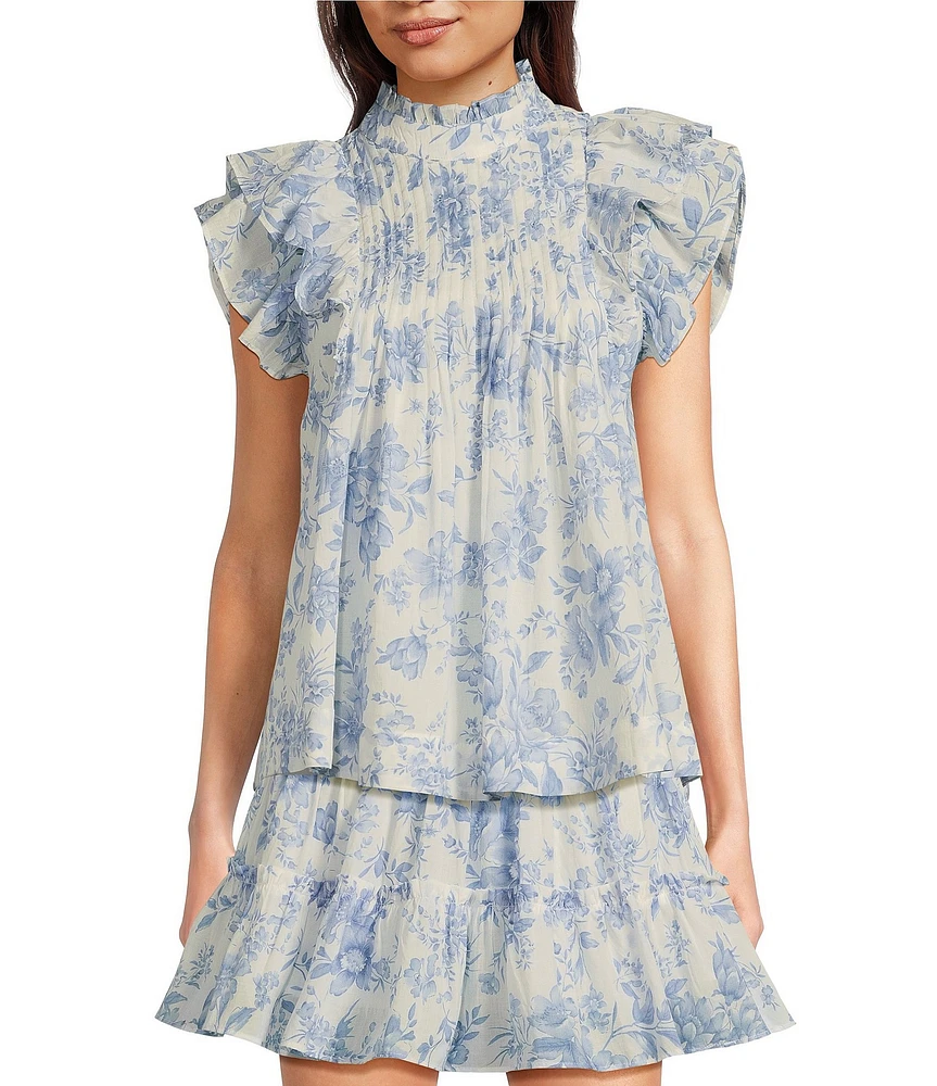 J.Marie Coordinating Chloe Ruffle Crew Neck Cap Sleeve Pleated Top