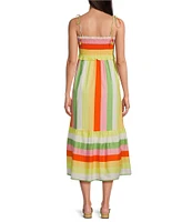 J.Marie Emery Adjustable Beaded Tie Strap Ruched Bust Square Neck Pocketed Midi Dress