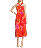 J.Marie Floral V-Neck Sleeveless Ric Rac Trim Midi A-Line Dress