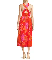 J.Marie Floral V-Neck Sleeveless Ric Rac Trim Midi A-Line Dress