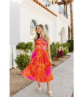 J.Marie Floral V-Neck Sleeveless Ric Rac Trim Midi A-Line Dress