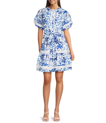 J.Marie Hayden Button Up Puff Sleeve Tiered Tie A-Line Dress