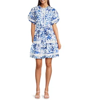 J.Marie Hayden Button Up Puff Sleeve Tiered Tie A-Line Dress