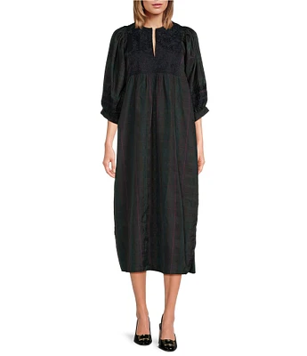 J.Marie Katrina Embroidered Split Round Neck Long Puff Sleeve Midi Dress