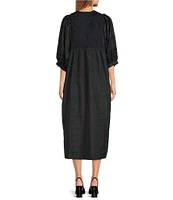 J.Marie Katrina Embroidered Split Round Neck Long Puff Sleeve Midi Dress