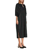 J.Marie Katrina Embroidered Split Round Neck Long Puff Sleeve Midi Dress