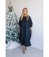 J.Marie Katrina Embroidered Split Round Neck Long Puff Sleeve Midi Dress